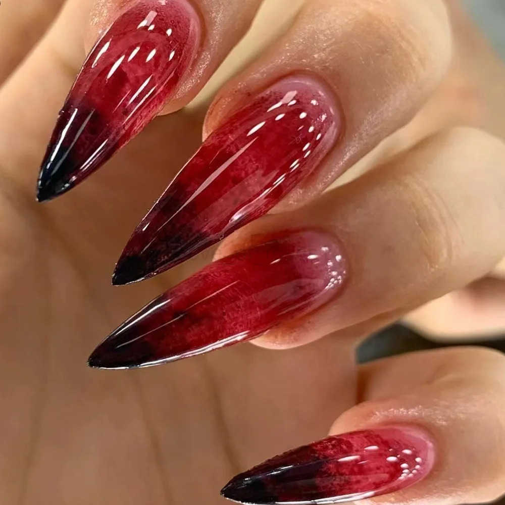 24pcs Blood Red Fake Nails Gradient Long Pointed False Nail Tips Full Cover Wearable Fake Nail Tips Halloween Manicure Sets Z250807
