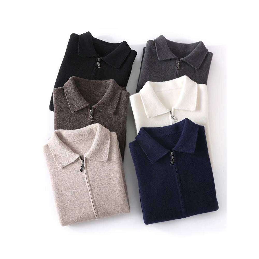 Men's 100%Merino Wool Cardigan Soft Warm Autumn Winter Turn-Down Collar Sweater Zipper Business Casual Man Clothes Solid Color