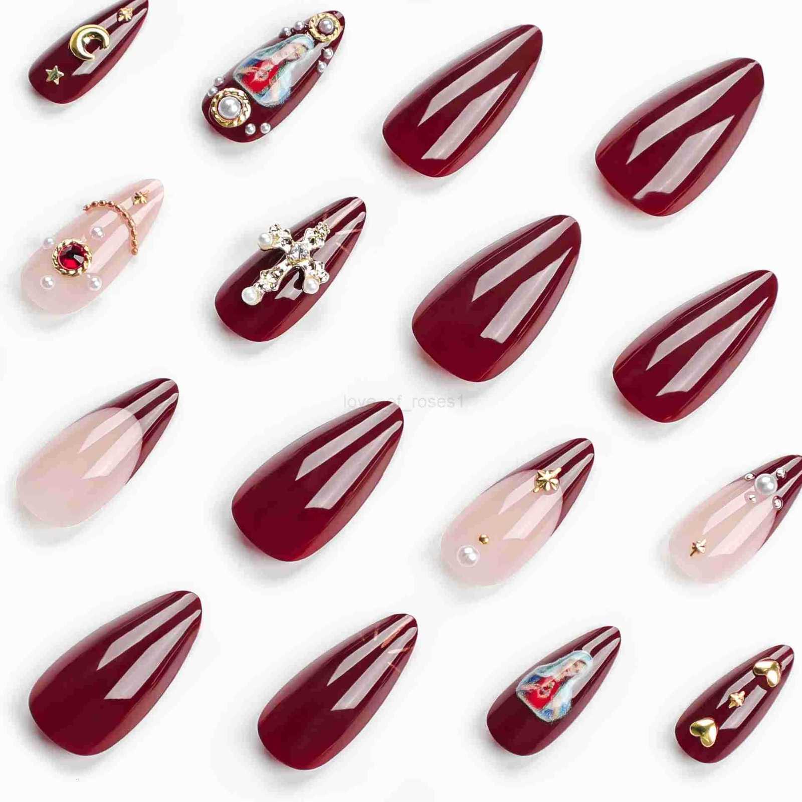 24pcs Baroque Style False Nails with Gold Moon Star Design Almond Fake Nail Patches Wearable Heavy Metal French Press on Nails Z250807