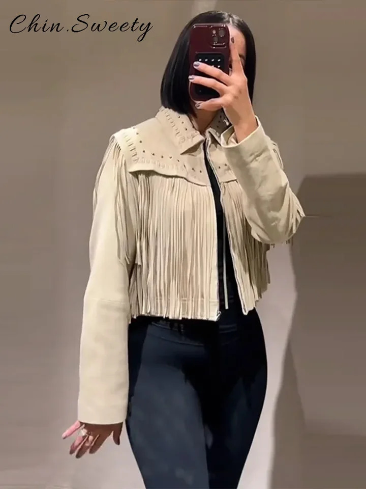 Casual Retro Tassels Beading Short Jacket Women Loose Solid Lapel Full Sleeve Zipper Coats 2025 Spring Lady High Street Coat 250804