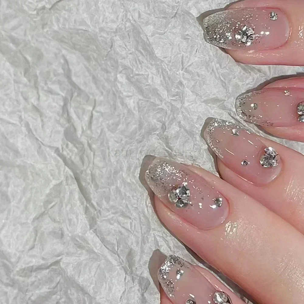 24Pcs Glitter Diamond Press On Nails Sweet Cute Girl Acrylic Nails Full Cover Short Square Fake Nails Wearable Manicure Nail Tips M250807