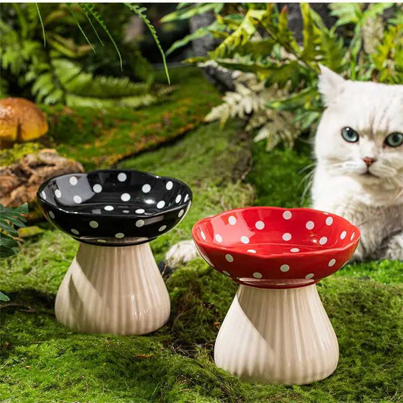 Cute Cartoon Mushroom Ceramic Pet Bowl High Foot Protection for Cervical Spine Feeder for Puppy Dog Small Cat Pet Accessories Y250806