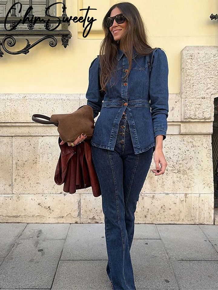 Casual Denim Jacket Pants Set Women Slim Buttons Jackets High Waist Hip Package Pant 2025 Autumn Lady Street Outfit 250804