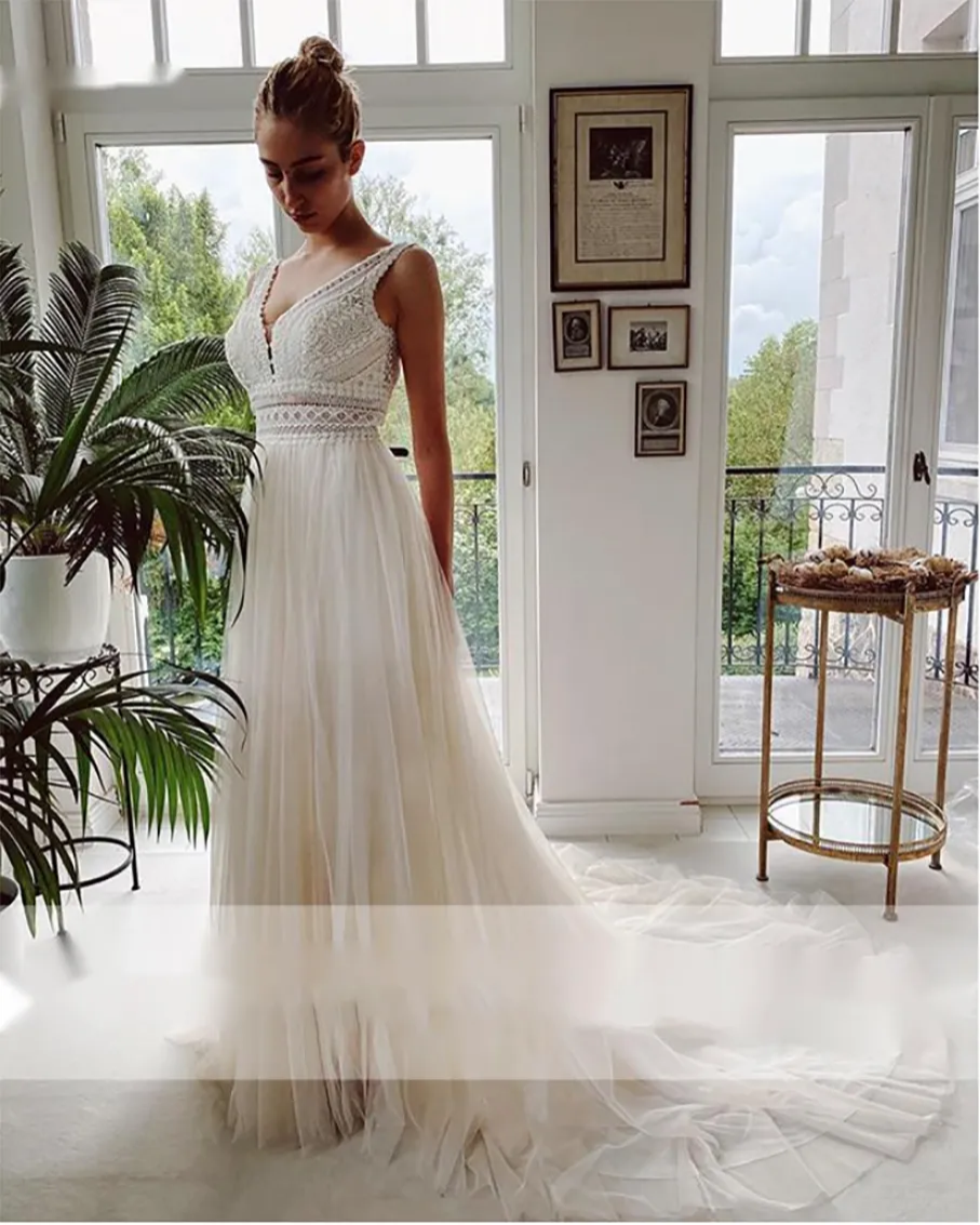 Vestido De Novia Boho Wedding Dresses V Neck Beach Lace Bridal Wedding Gowns Elegant Bohemian Tulle A Line Bridal Dress Gown