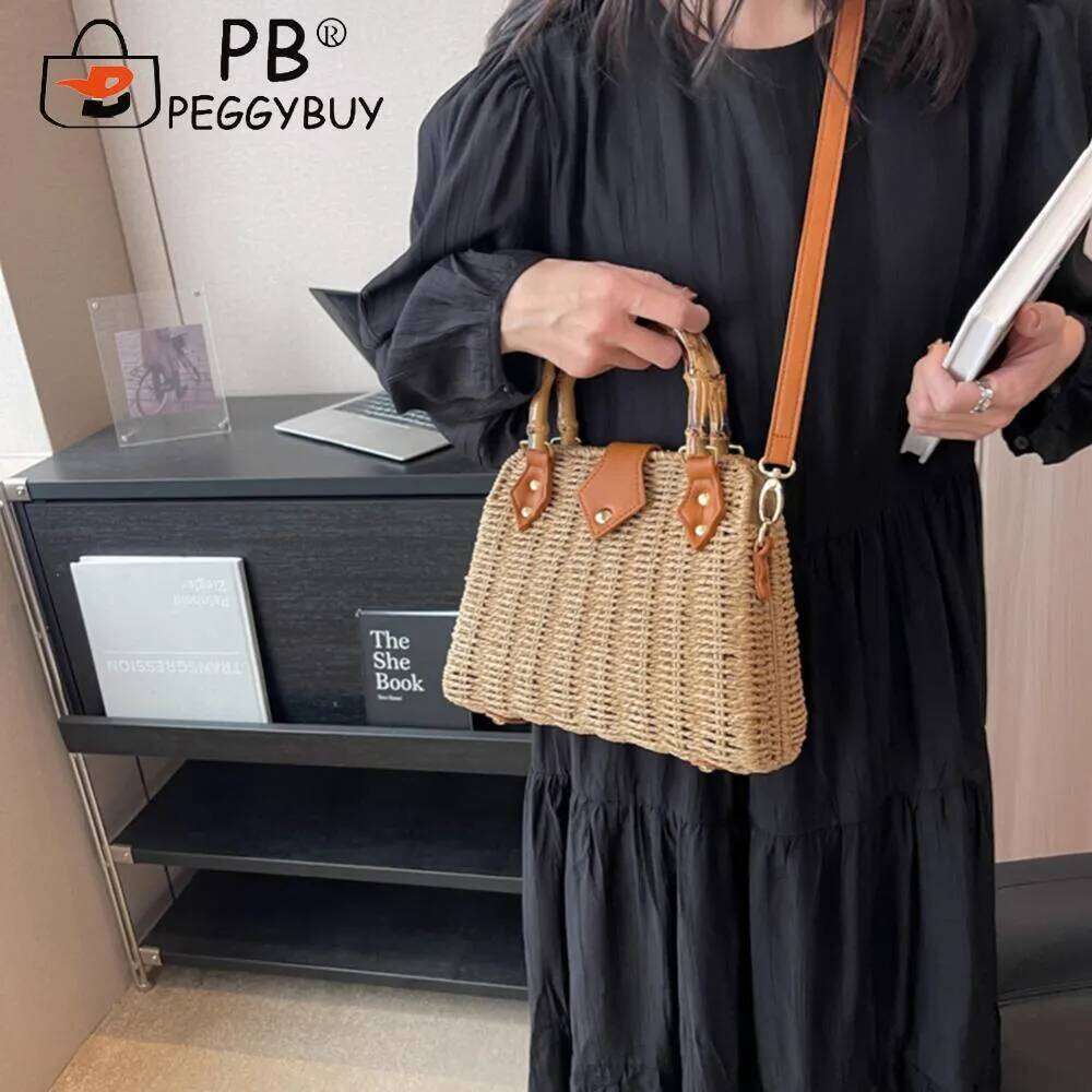 Summer Hand-Woven Handbags Bamboo Handle Beach Vacation Bags Casual Fashion Simple Portable Adjustable Strap For Seaside
