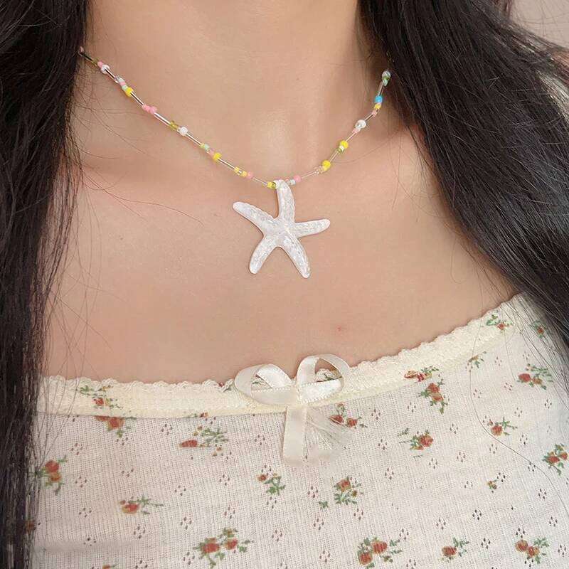 Y2k Large Resin Star Starfish Beads Pendant Necklace For Women Trendy Summer Beach Vacation Jewelry On Neck Accessories Female