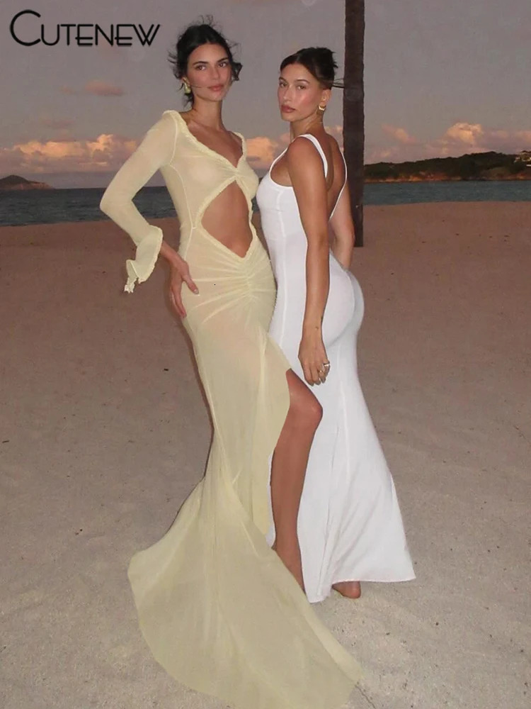 Cute Mesh Concise Dress Women Classic Holiday Style Long Sleeve Cut out Shirring Asymmetrical Robe Female Elegant Attirewear 250807