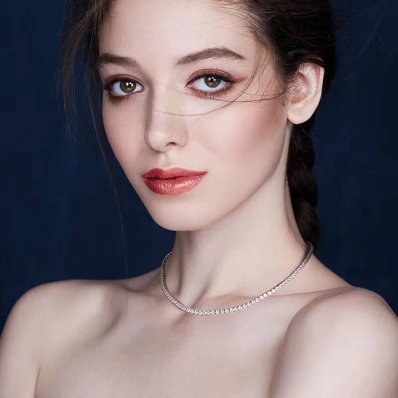 RINNTIN SC47 925 Solid Sterling Silver Tennis Necklace for Women 3mm Round Moissanite Tennis Neck