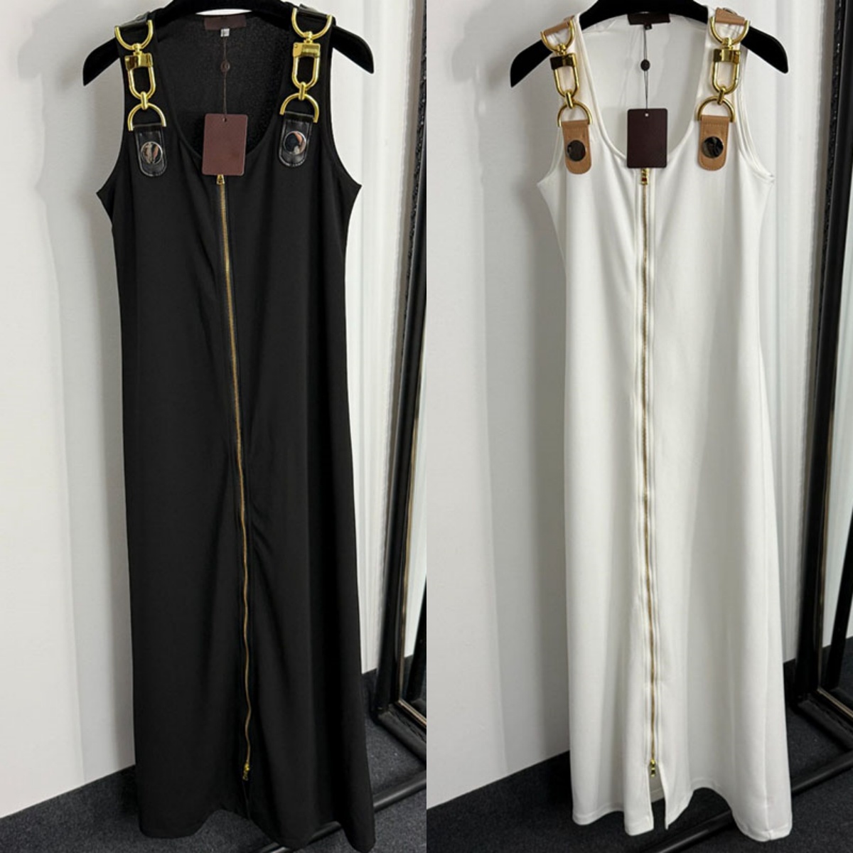 Metal Buckle Shoulder Dress Women Full Zipper Dresses Elegant Style Maxi Dress Designer Beach Day Dresses