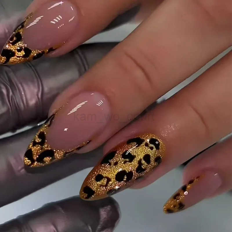 24Pcs Autumn False Nails Press on Nails Almond Full Cover French Leopard Print Glitter Cat Eye Star Wearable Manicure Nail Tips M250807