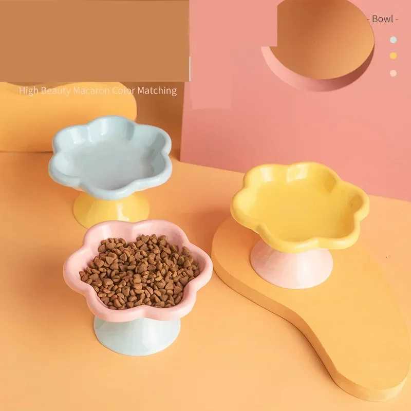 New Ceramic Cat Bowl Flower Shape Cat Rice Bowl High Foot Neck Guard Food Bowls Non-slip Puppy Feeder Pet Supplies Y250806