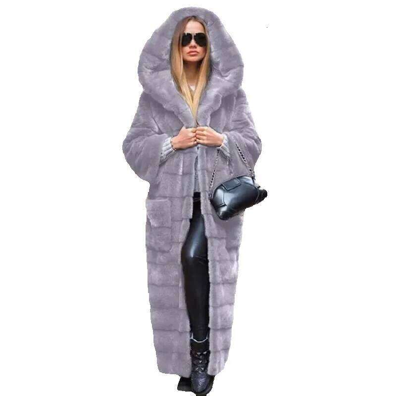 Faux Coat Hooded Winter Jacket Women Fur Robe Windproof Design Long Sleeve Cardigan Warm Thick Large Size