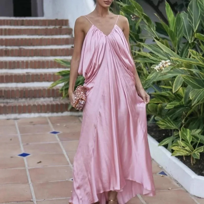 Casual Hollow Backless Maxi Dresses Club Party Sleeveless Camisole Summer Dress Sexy Womens V Neck Pleated Cocktail 250807