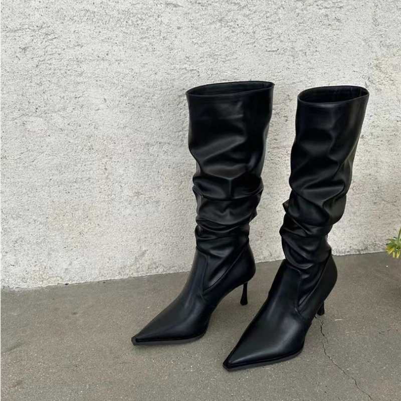 2024 Sharp Pointed Womens Shoes Hot Sell Long Tube Pleated Womens Boots Look Slim Sexy Trendy High Heeled Boots XJ250807