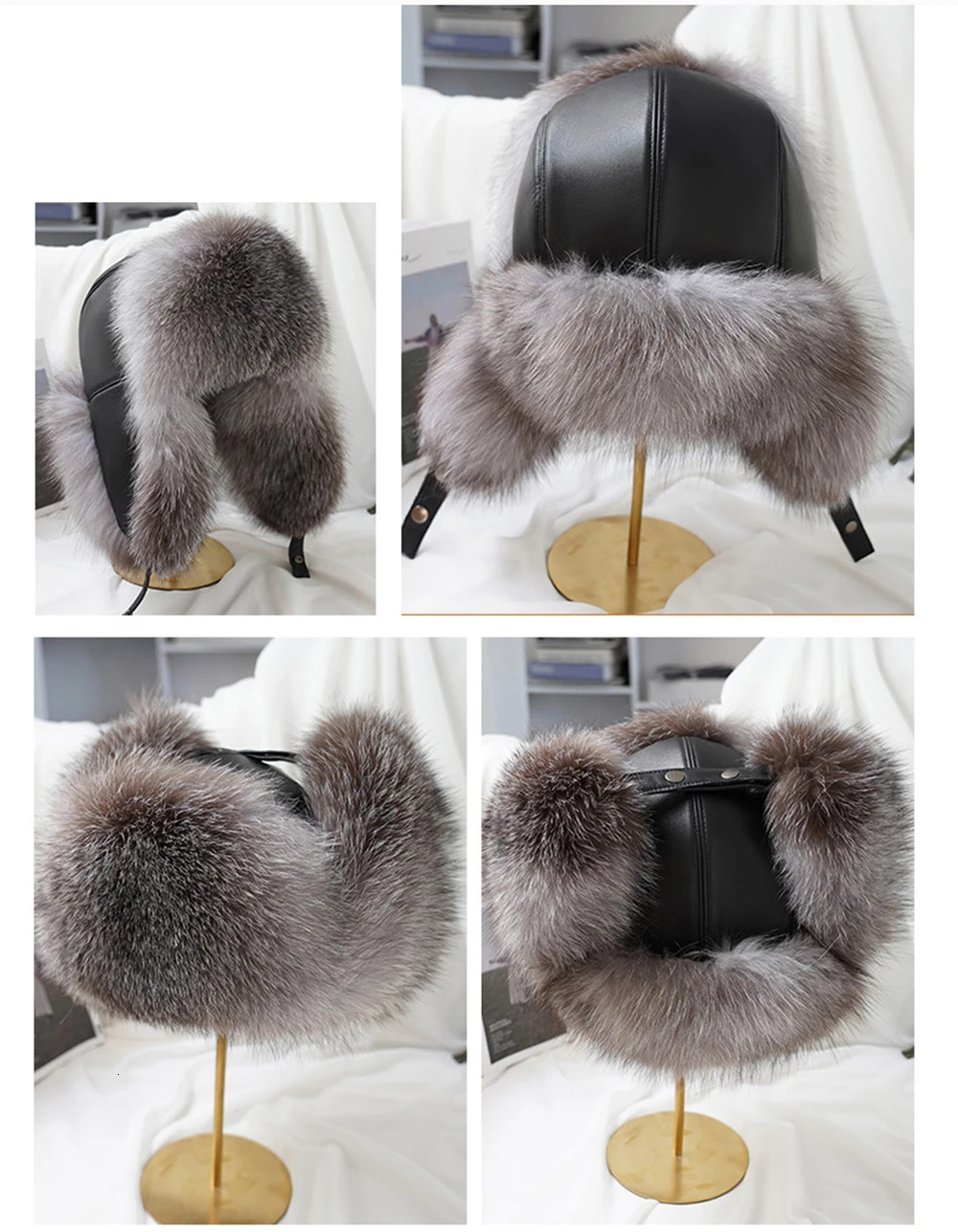 Winter Mens 100% Real Silver Fox Fur Bomber Hat Raccoon Fur Ushanka Cap Trapper Russian Man Ski Hats Caps Real Leather 250806