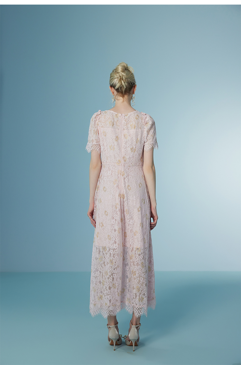 Womens Elegant Pink Floral Lace Dress Short Sleeve V Neck Double Layer Gothic Midi Party Guest Casual Dress 6116210