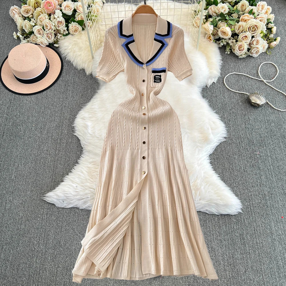 YuooMuoo Women Dress Arrival Women Knitted Maxi Dress Elegant Notched Embroidery Long Shirt Dress Lady Sweater Vestidos 250806