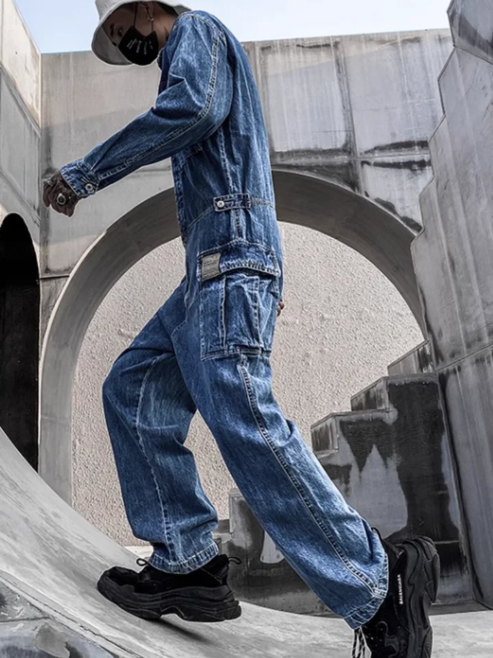 Fashion Mens Jumpsuit Long Sleeve Multi Pockets Cargo Pants Hip Hop Men Spring Autumn Overalls Vintage Denim 250804