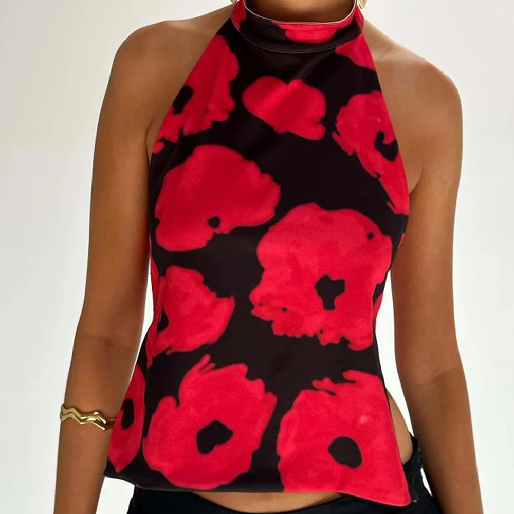 Women Vintage Y2k Fairy Floral Halter Neck Tops Coquette Boho Backless Sleeveless Tank Summer DotsFlower Print Cami Vest 250807