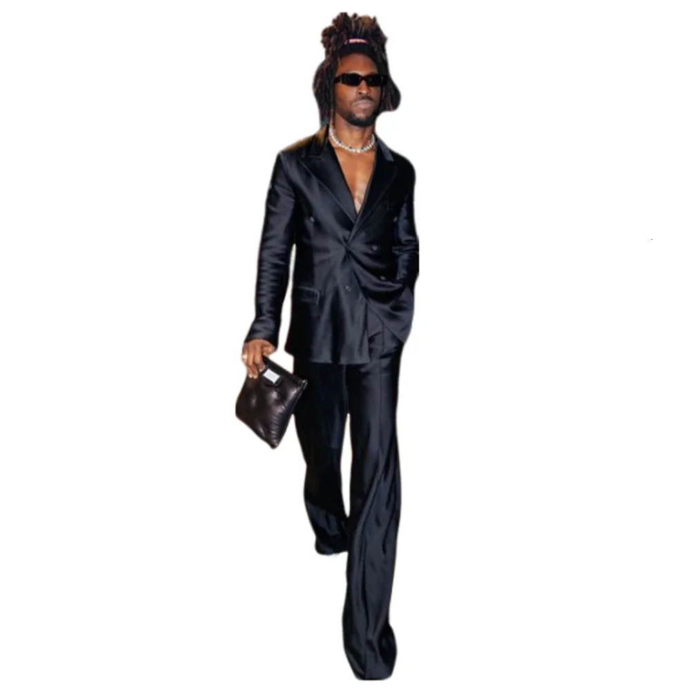 Mens Suit Satin Complete 2 Pieces Blazer Pants Costume ious Double Breasted ed Lapel Jackets Dancing Party Fashion 250807
