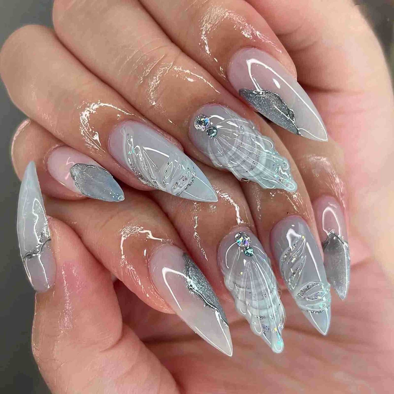 Blue White French 3D Flower Shell Nail Art Summer Beach Fashion Almond False Nails Detachable Finished Fake Nails Press on Nails M250807