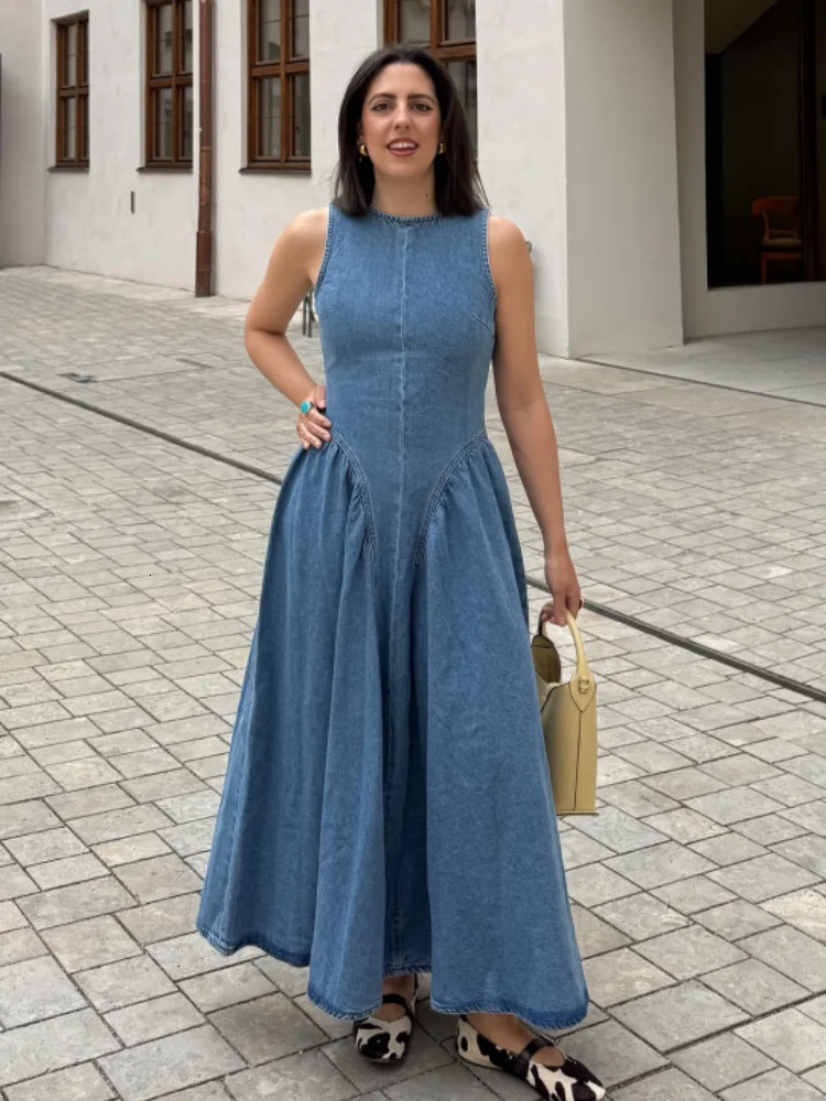 Vintage Denim Womens Summer Dress Retro Round Neck Backless High Waist Female Long Dresses Solid High Street Lady Vestidos 250804