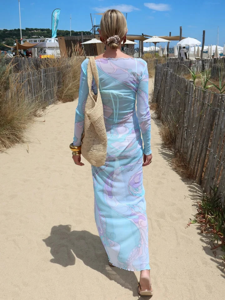 Sexy Perspective Printed Long Dresses Women Retro O-neck Full Sleeve Holiday Dress Female Summer Fashion Street Party Beach 250728