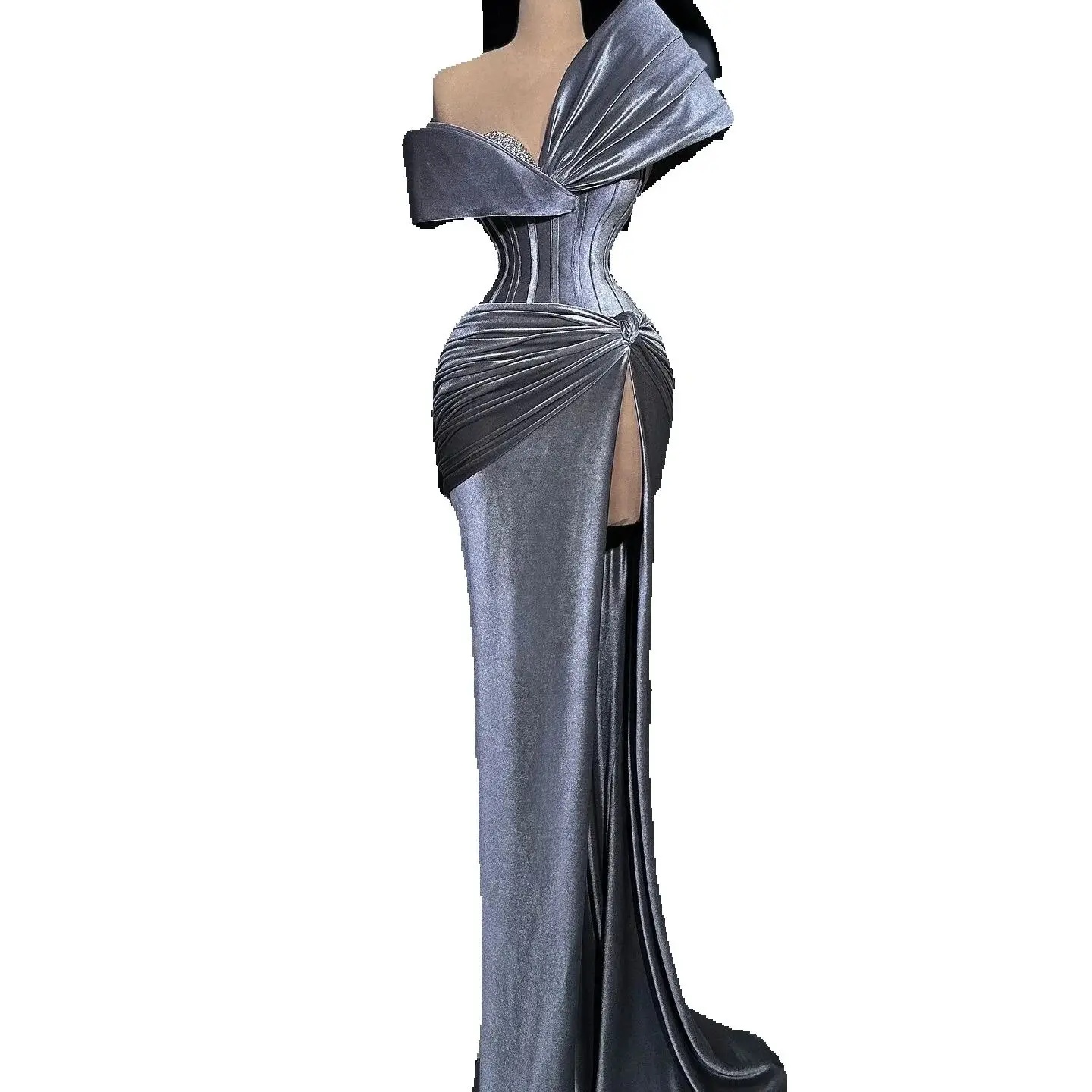 One Shoulder Mermaid Prom Dress Sexy Sleeveless Velvet Formal Evening Gowns High Side Slit Robe De Soiree Customized