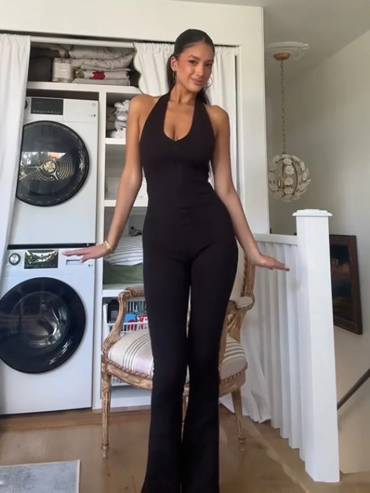 Fashion Halter Neck Flare Jumpsuit For Women Elegant Backless Sleeveless Slim Fit Stretch One Piece Romper Street Chic Bodysuits 250807