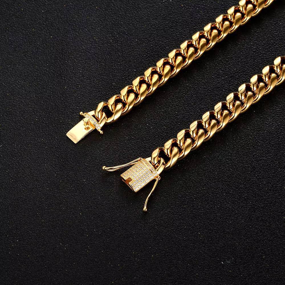 N003 Hip Hop Iced Clasp Stainless Steel Collar Cubano Necklace Miami Gold Cuban Link Chain