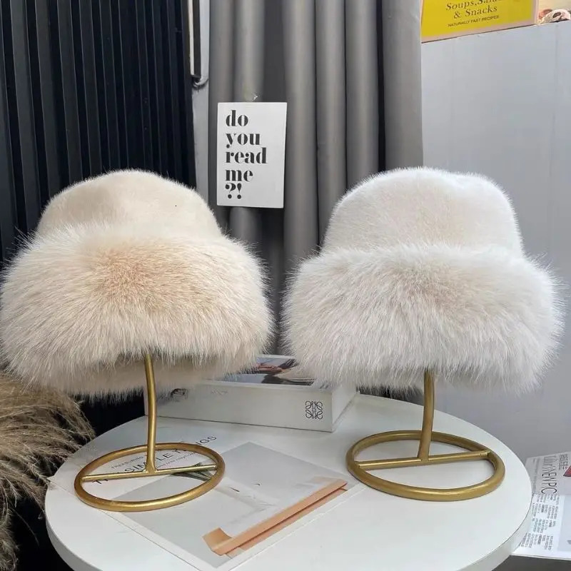 Fur Hat Women Warm Snow Ski Cap Plush Female Faux Fox Fur Thicken Warm Winter Hat Lady Windproof Panama Furry Fisherman Cap Y2k 250806