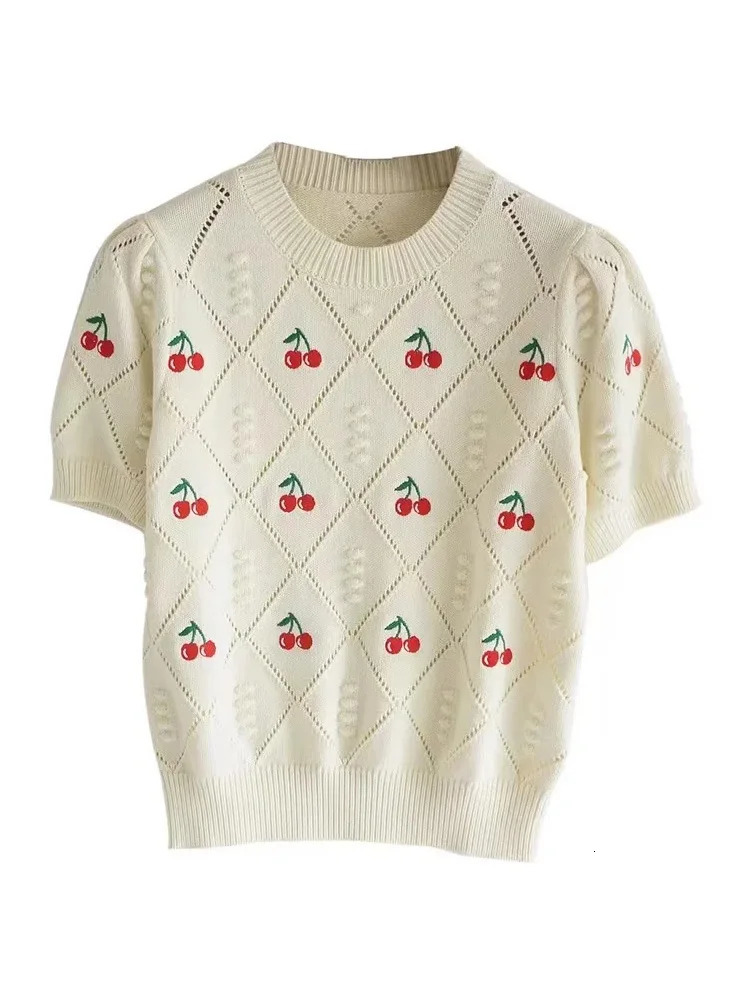 Summer Embroidery Short Sleeve Sweater Women T-Shirt Harajuku Streetwear O- Neck Casual Loose Slim Soft Knit Tops Pullover 250806