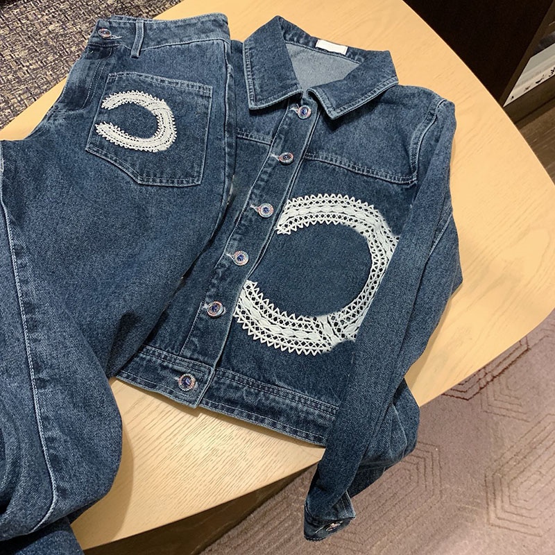 Designer Letter Lace Denim Jacket For Women Luxury Blue Straight Jeans Elegant Slim Fit Jean Jackets Pants Resort Wear