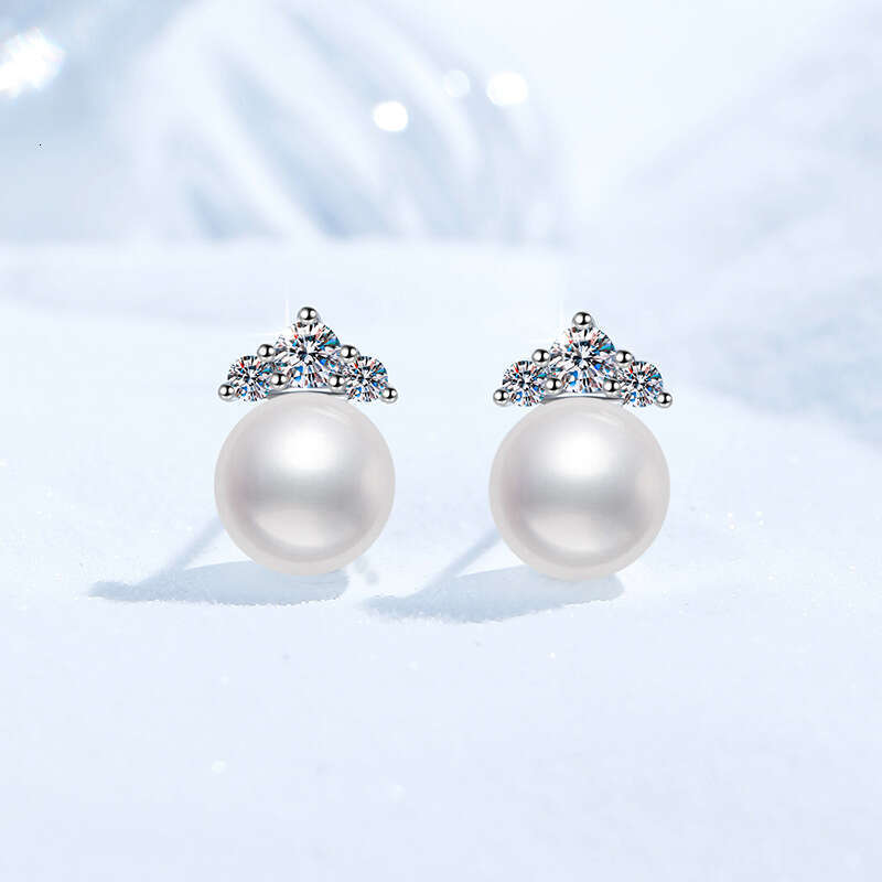 S Sterling Sier Princess Style Near Perfect Round Freshwater Pearl Moissanite Earrings Women