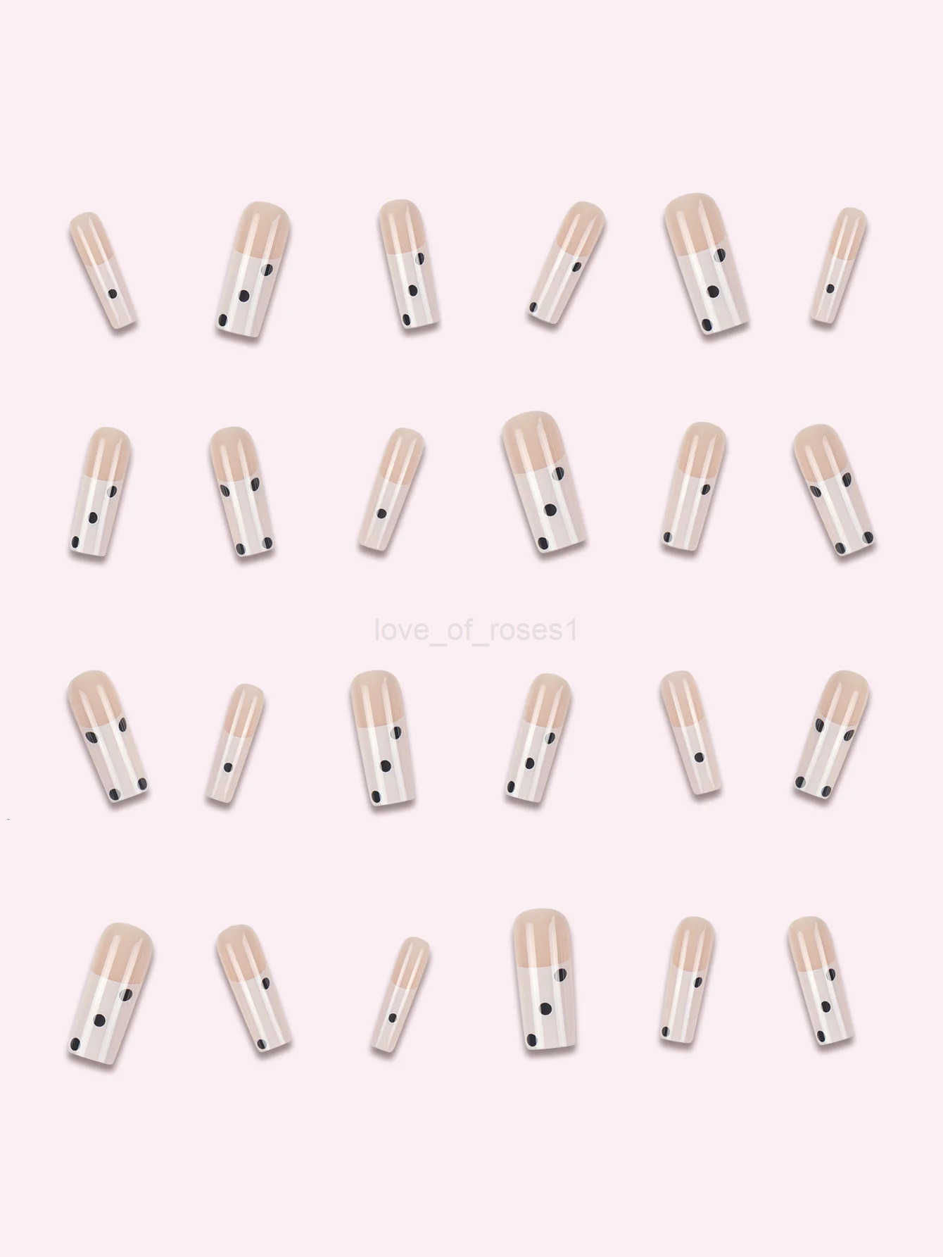 24-Piece Coffin-Shaped Extra Long ABS Fake Nails Black Spots French Pressed Design with Square Pattern for Fingers Z250807