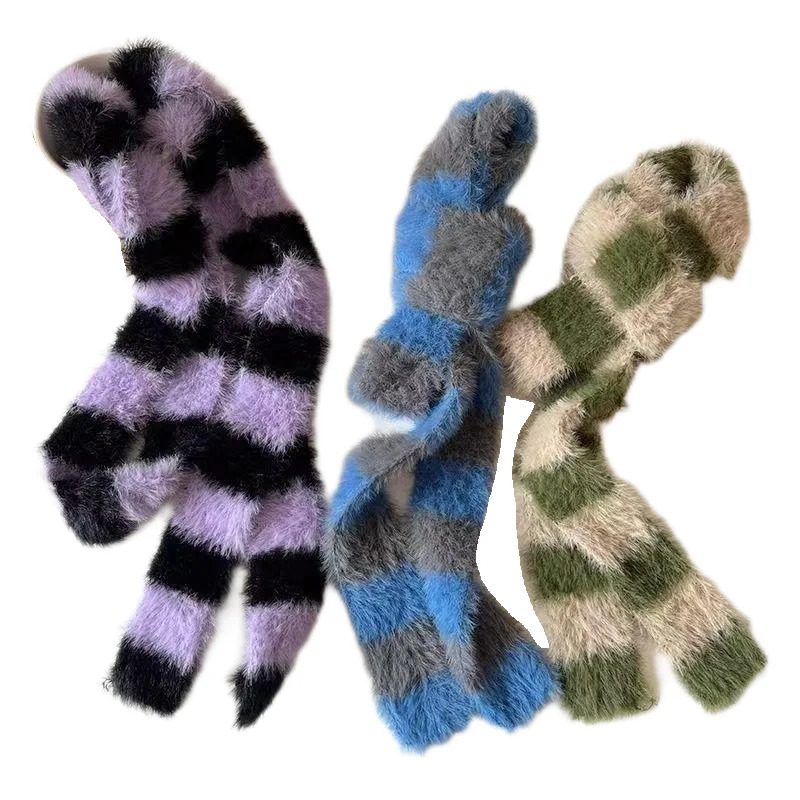 Striped Plush Scarf Womens Niche Sense Spice Girl Versatile Decoration Korean Version Thin and Narrow Long Scarf 250806