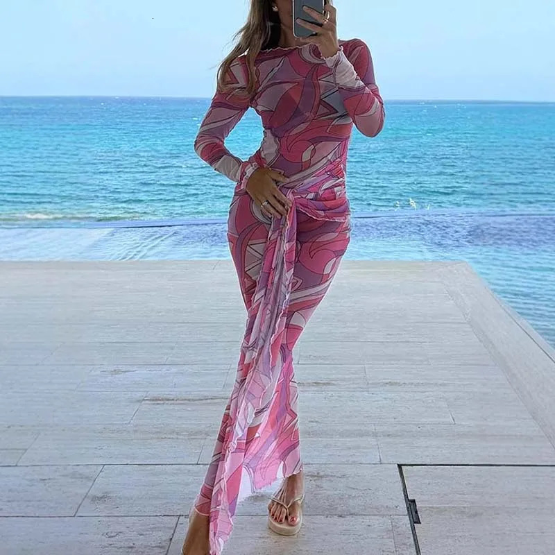 Sexy Women Thin Mesh Bodycon Dresses Spring Summer Beach Cover Up Dress Fashion Oneck Long Sleeved High Waist Vacation 250807