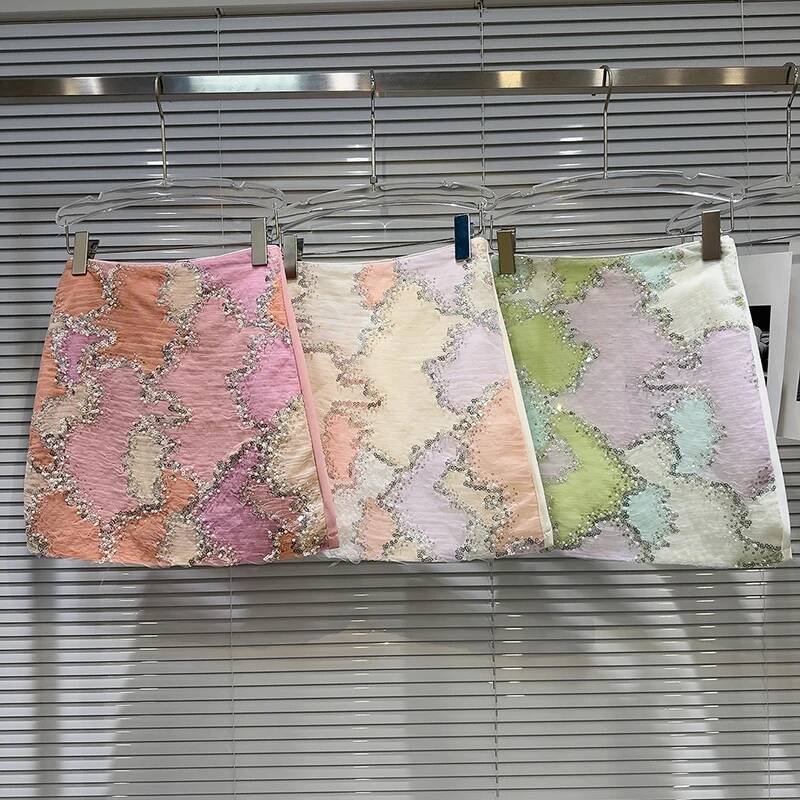 2025 Summer New Women's trend DEAT Summer New Fashion Pearl Nail Bead Glitter Comparison Short Skirt Women's Wrap Hip A-line Skirt New Desig