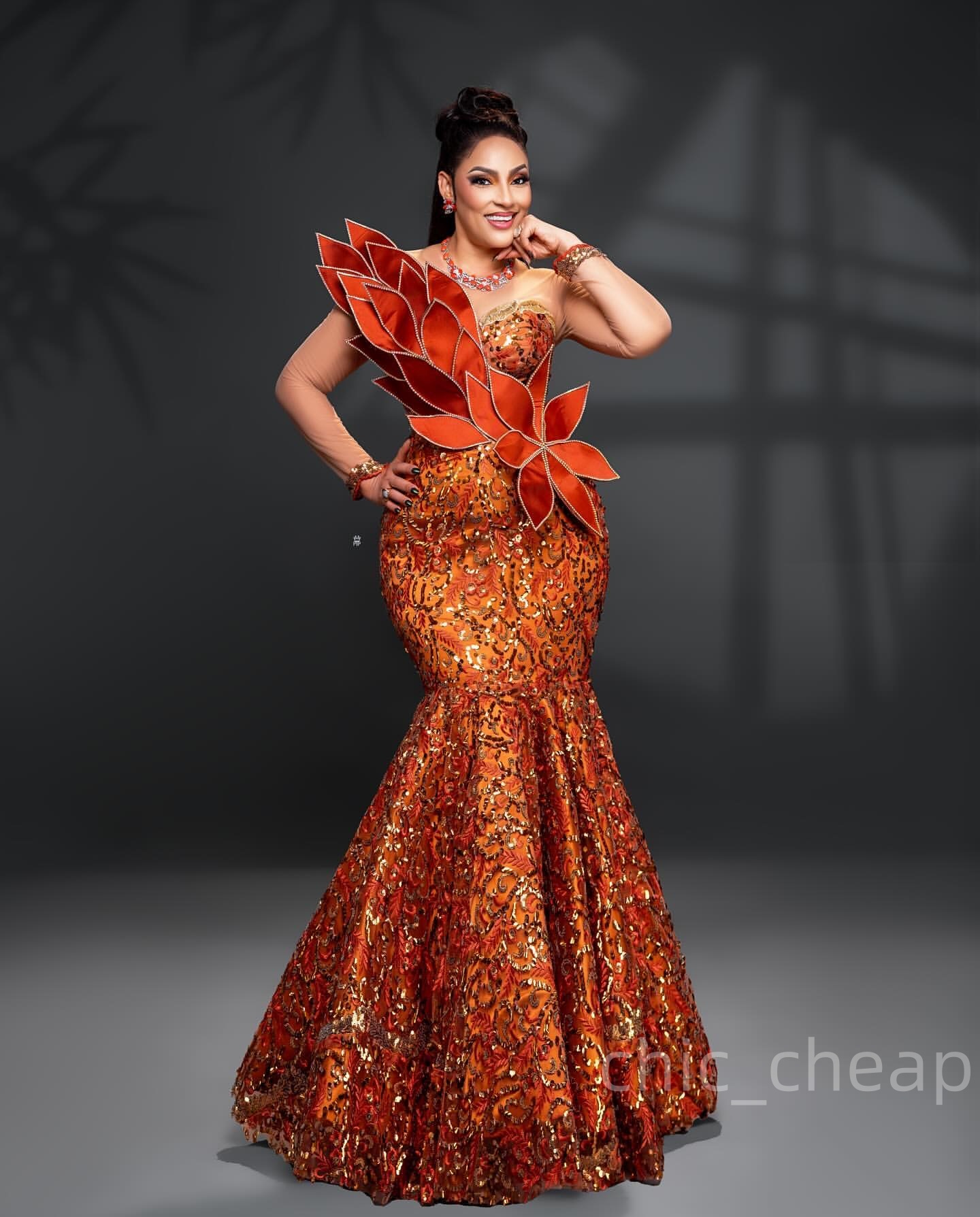Mermaid Orange Prom Dresses 2025 Florals Sequined Lace Sheer Neck Evening Formal Party Second Birthday Engagement Gowns Plus Size Dress For Special Oc