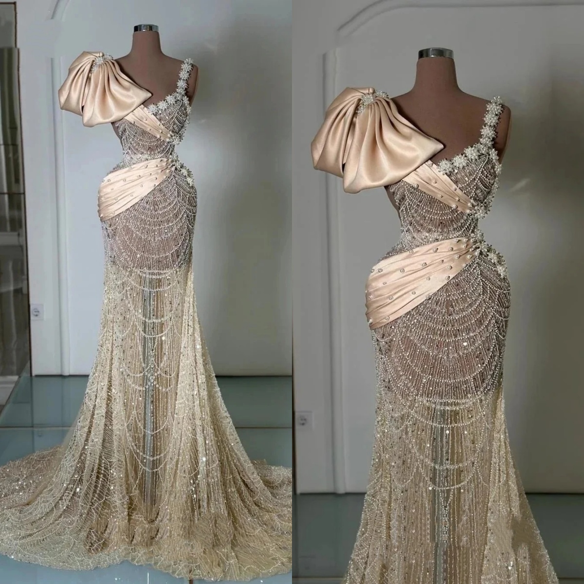 Gorgeous Evening Dresses For Women Jewel Neck Sleeveless Bow Gown Pearls Beading Sequins Sweep Train Dress Party Customized Dress