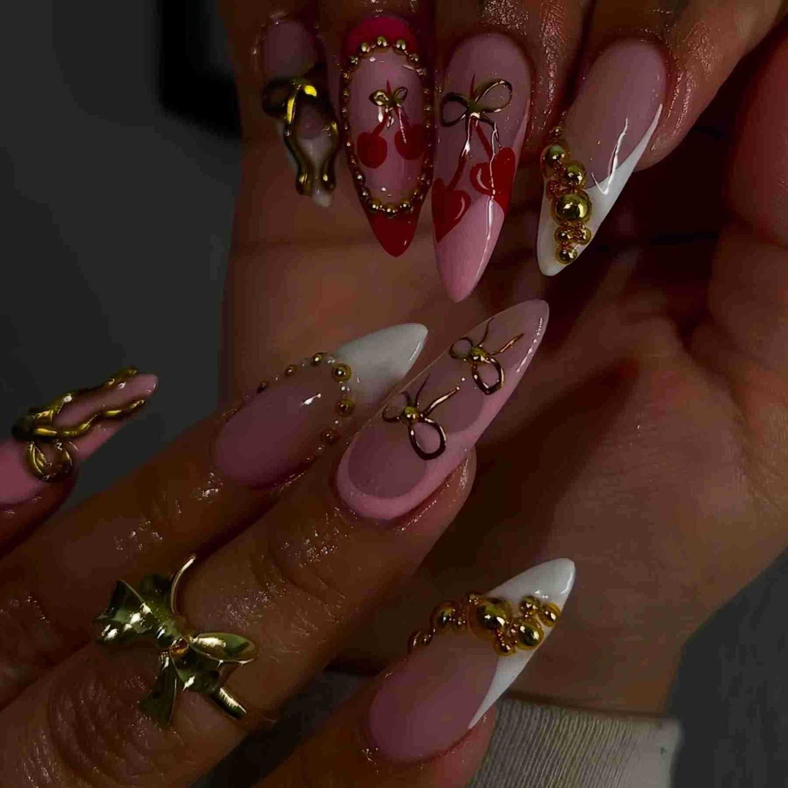 24pcs Long Almond Press on Nails Gold Bow Fake Nails Cherry Pattern False Nail Artificial Tips False Nails Uas Postizas Nail Tips M250807