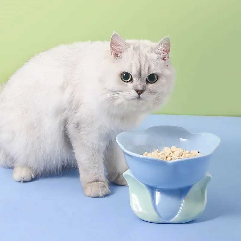 Cute Ceramic Cat Bowl High Foot Plate Non-slip Flower Shape Dog Puppy Feeder Feeding Food Water Protection Cervical Pet Supplies Y250806