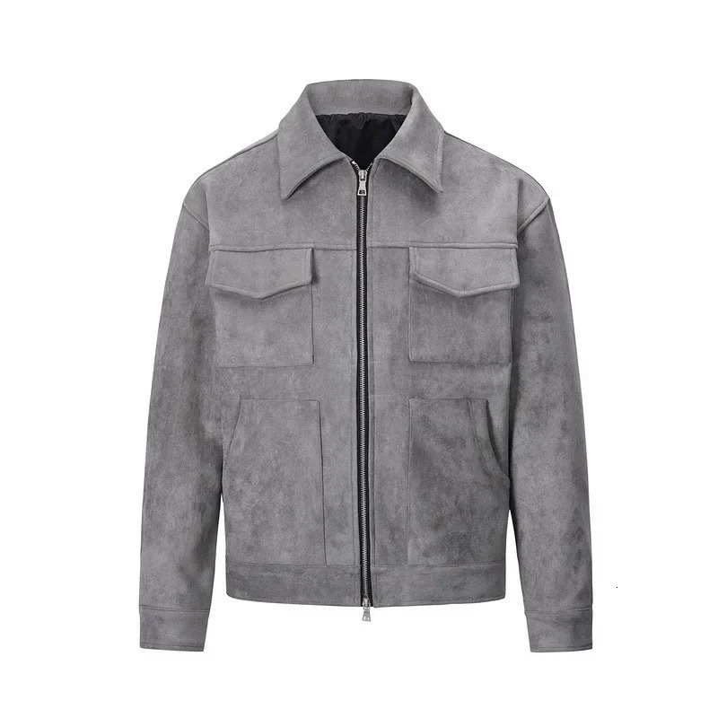 Vintage High Street Suede Material Crock Jacket With Zipper Lapel Casual Short Jacket For Men 250804
