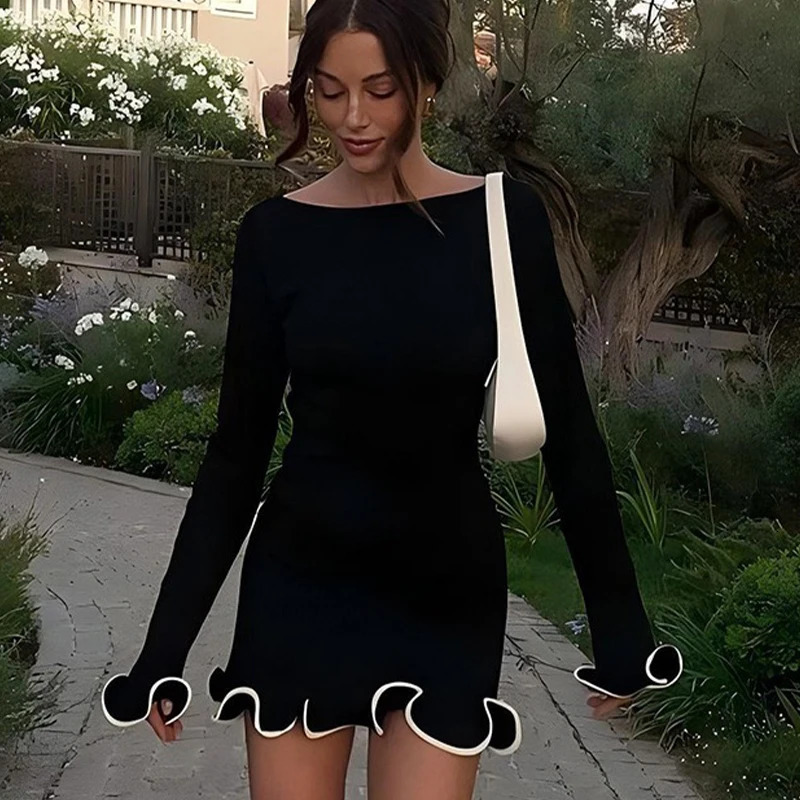 Women Dresses Elegant Round Neck Pleat Long Sleeve Casual Slim Pink Sexy Black Mini Dress Female Chic Party Street Dress 250728