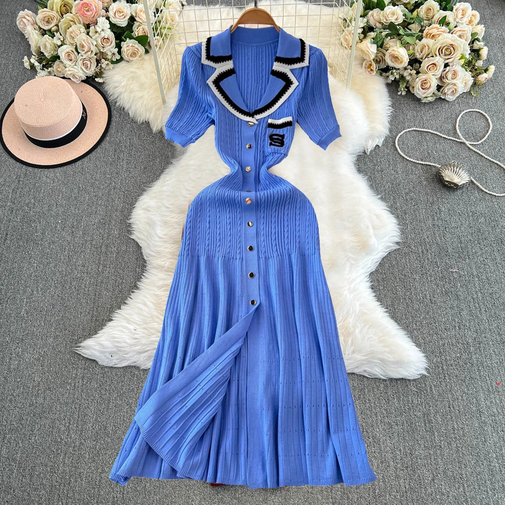 YuooMuoo Women Dress Arrival Women Knitted Maxi Dress Elegant Notched Embroidery Long Shirt Dress Lady Sweater Vestidos 250806