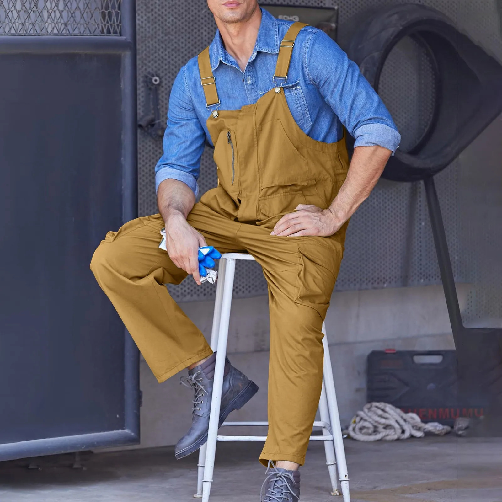 Bib Jumpsuit Trendy Wide Leg Men Overalls SkinFriendly Cargo OnePiece Adjustable Suspender Straps Work Wear 250804