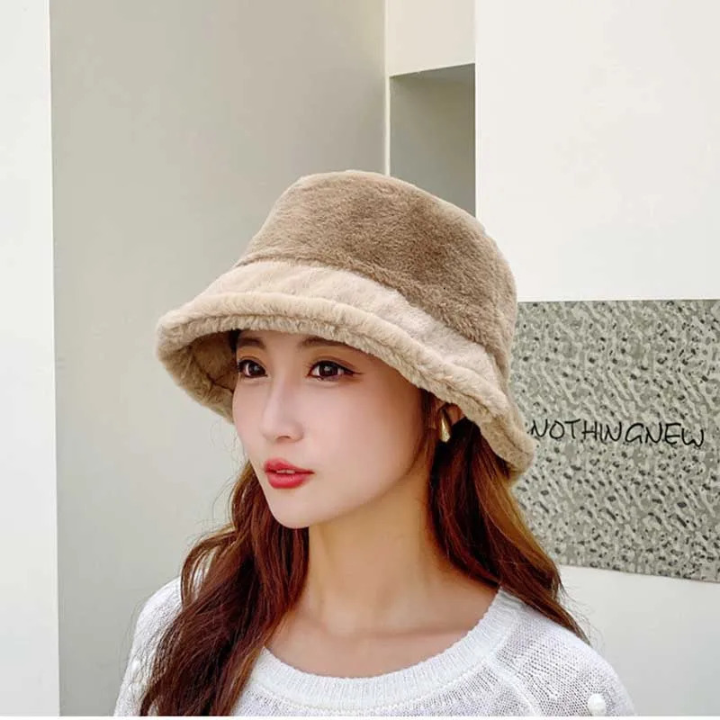 Korean Lamb Faux Fur Bucket Hat Lady Winter Warm Soft Panama Hat Outdoor Fisherman Cap For Women Solid Color Beanie Bonnet 250806