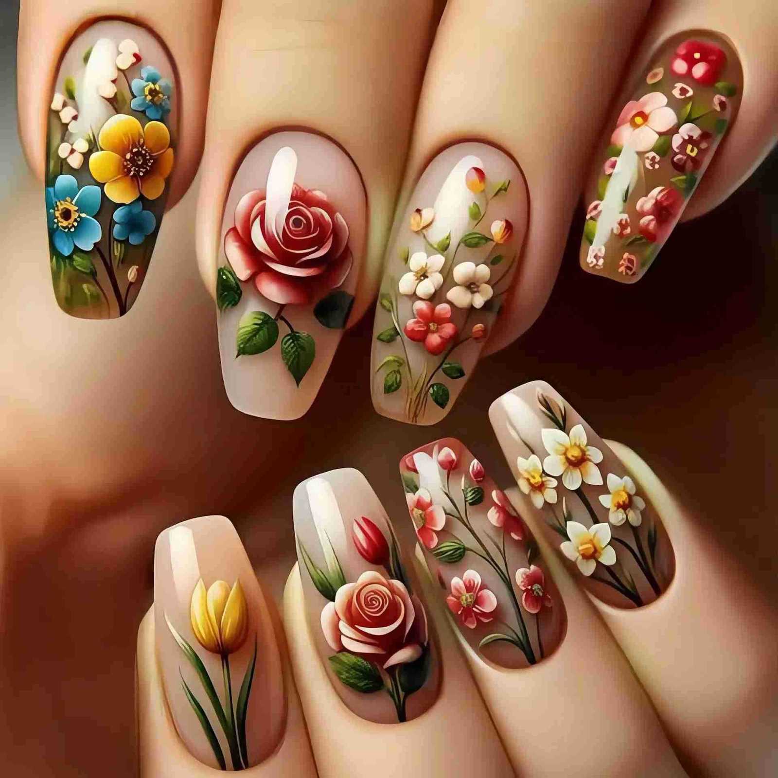 24pcs/set Short Medium Fake Nails for Spring Summer Beautiful Colorful Flowers Bees Faux Nails Tips Press on False Nail Art M250807