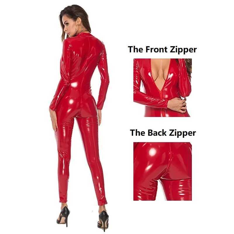 Erotic Wetlook Leather Long Sleeve Open Crotch PVC Bodysuit Double Zipper Sexy Lingerie Latex Catsuit Fetish Wear Sexy Costumes W250807