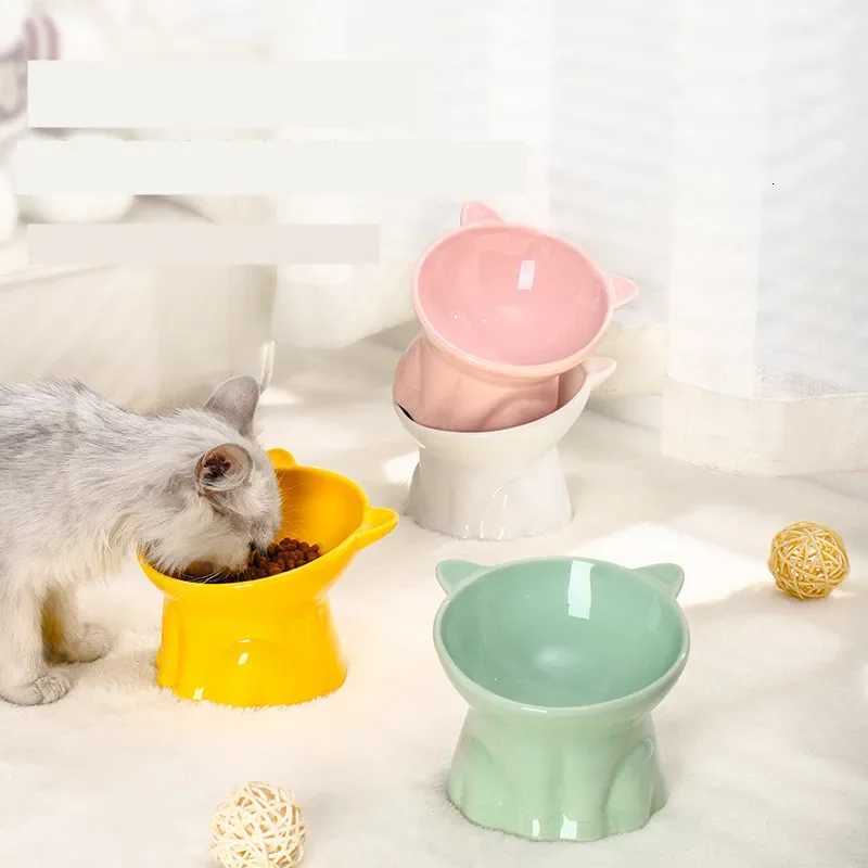 Fashion High Foot Bowl Cat Food Feeder Puppy Bowl Cute Cat Ear Ceramic Water Bowls Protection Neck Cats Bowl Pet Supplies Y250806